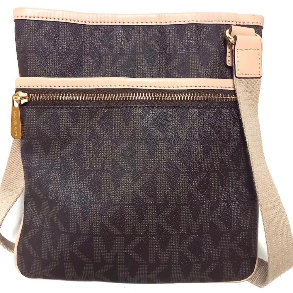 Michael Michael kore large Crossbody MK logo PVC w/Tan leather trim